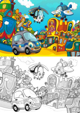 Karikatür polis araba gülümseyen ve park yerinde arıyorsunuz / uçak ve helikopter uçan üzerinde - illüstrasyon çocuklar için