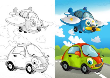 sokakta araçlar ile karikatür sahne-polis uçağı ve araba-çocuklar için Illustration