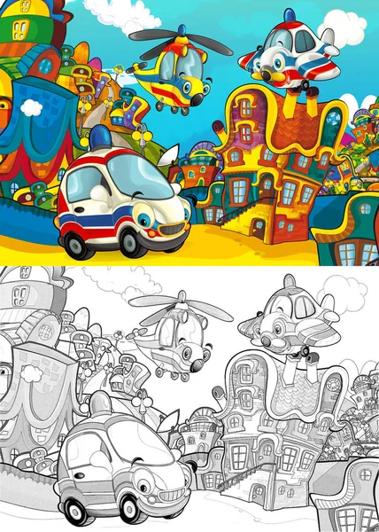 Cartoon Krankenwagen Lächelnd Auf Dem Parkplatz Und Flugzeug Überfliegt Illustration — Stockfoto