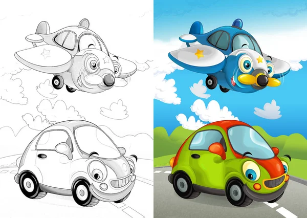 Cartoon Scene Vehicles Street Police Plane Car Illustration Children — Stock Photo, Image