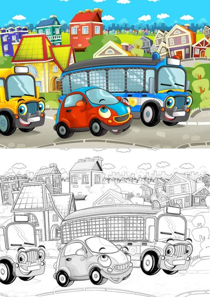 都市通りの小型車や子供のためスクールバス 芸術的な着色のページ イラストの異なる自動車の漫画シーン — ストック写真
