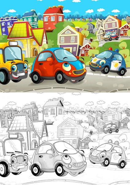 Cartoon Scene Different Cars Driving City Street Small Car School — Stock Photo, Image