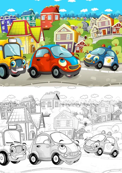 都市通りの小型車や子供のためスクールバス 芸術的な着色のページ イラストの異なる自動車の漫画シーン — ストック写真