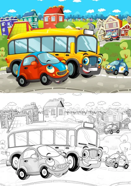 Cartoon Scene Different Cars Driving City Street Small Car School — Stock Photo, Image