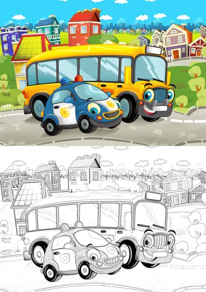 Cartoon Scene Different Cars Driving City Street Police Artistic Coloring — Stock Photo, Image