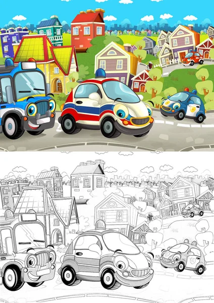 Cartoon Szene Mit Verschiedenen Autos Die Auf Der Stadtstraße Fahren — Stockfoto