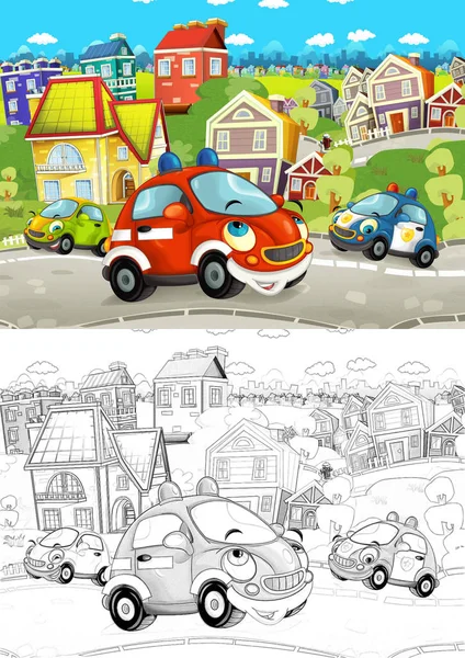 Cartoon Scene Different Cars Driving City Street Artistic Coloring Page — Stock Photo, Image