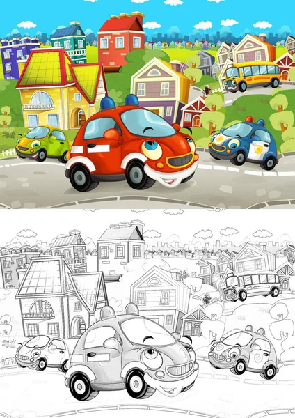 Γελοιογραφία Σκηνή Διαφορετικά Αυτοκίνητα Οδήγηση Στην Πόλη Δρόμο Καλλιτεχνική Χρωματισμός — Φωτογραφία Αρχείου