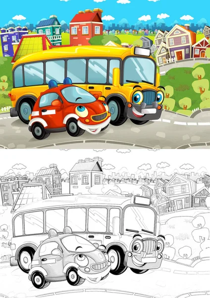 Γελοιογραφία Σκηνή Διαφορετικά Αυτοκίνητα Οδήγηση Στην Πόλη Δρόμο Καλλιτεχνική Χρωματισμός — Φωτογραφία Αρχείου