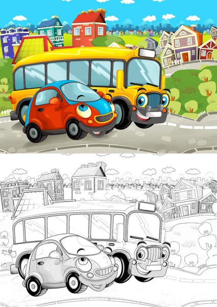 Cartoon scene with different cars driving on the city street small car and school bus - with artistic coloring page - illustration for children — Stock Image Cartoon Scene Different Cars Driving City Street Small Car School Stock Picture