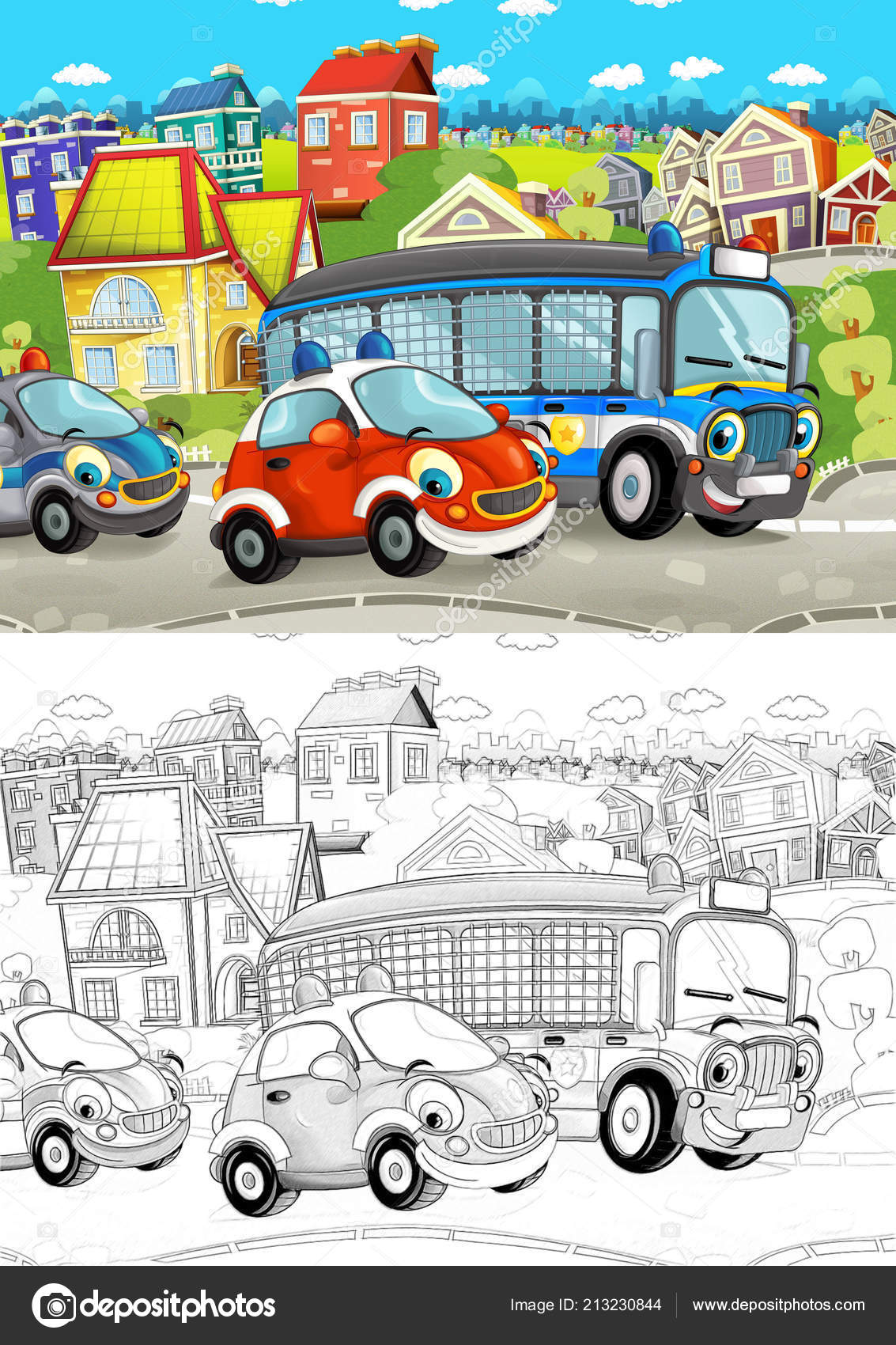 página de coloração de carro de desenho animado feliz e engraçado