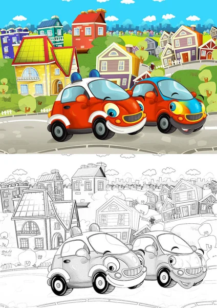 Cartoon Scene Different Cars Driving City Street Artistic Coloring Page — Stock Photo, Image