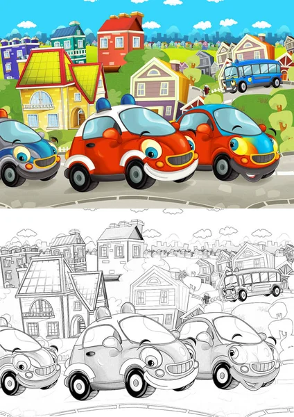 Cartoon Scene Different Cars Driving City Street Artistic Coloring Page — Stock Photo, Image