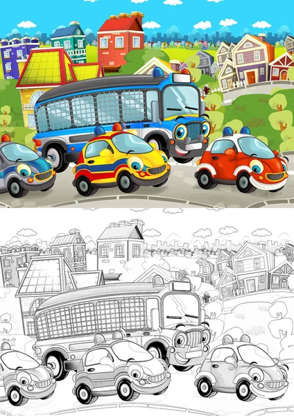 Cartoon Szene Mit Verschiedenen Autos Die Auf Der Stadtstraße Fahren — Stockfoto