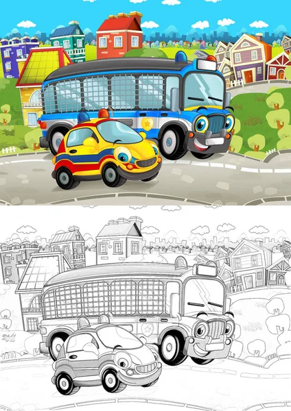 Cartoon Szene Mit Verschiedenen Autos Die Auf Der Stadtstraße Fahren — Stockfoto