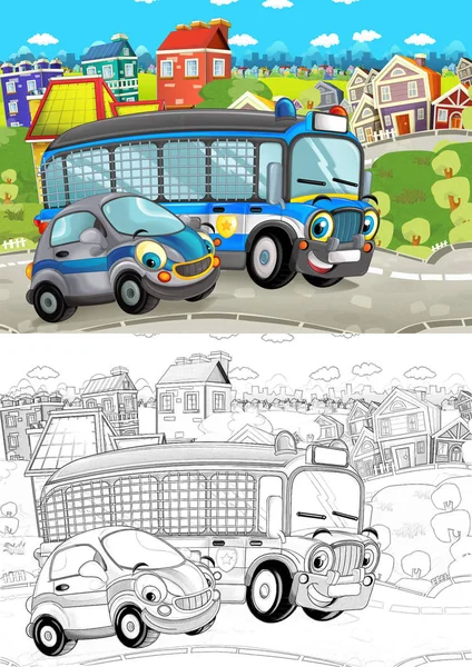 Kreskówka Sceny Różnych Samochodów Jazdy Ulicy Policja Artystyczny Kolorowanki Ilustracja — Zdjęcie stockowe