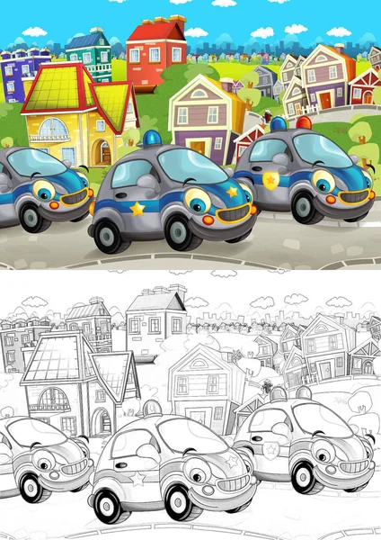 Cartoon Scen Med Olika Bilar Som Kör Gatan City Polisen — Stockfoto