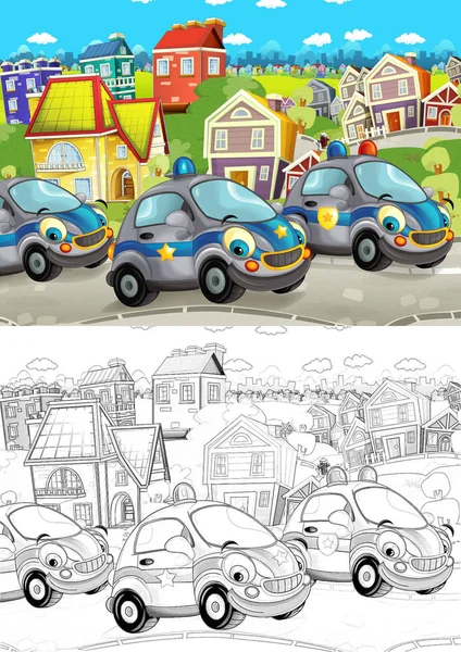 Cartoon Szene Mit Verschiedenen Autos Die Auf Der Stadtstraße Fahren — Stockfoto