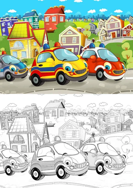 Cartoon scene with different cars driving on the city street - with artistic coloring page - illustration for children — Stock Image Cartoon Scene Different Cars Driving City Street Artistic Coloring Page Stock Photo