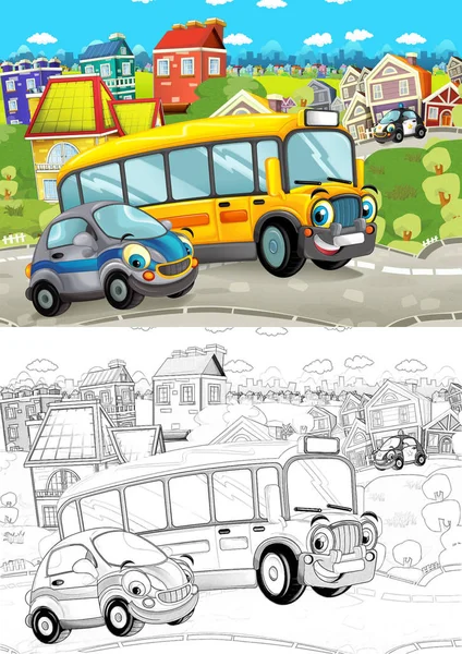 Cartoon scene with different cars driving on the city street - police - with artistic coloring page - illustration for children — Stock Image Cartoon Scene Different Cars Driving City Street Police Artistic Coloring Stock Picture