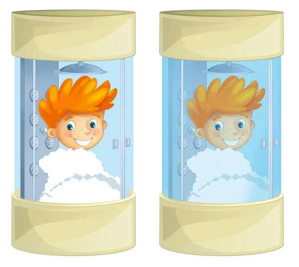 Tecknad Scen Med Pojke Duschen Kabinen Leende Och Tvätt Illustration — Stockfoto