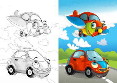 sokakta araçlar ile karikatür sahne-polis uçağı ve araba-çocuklar için Illustration