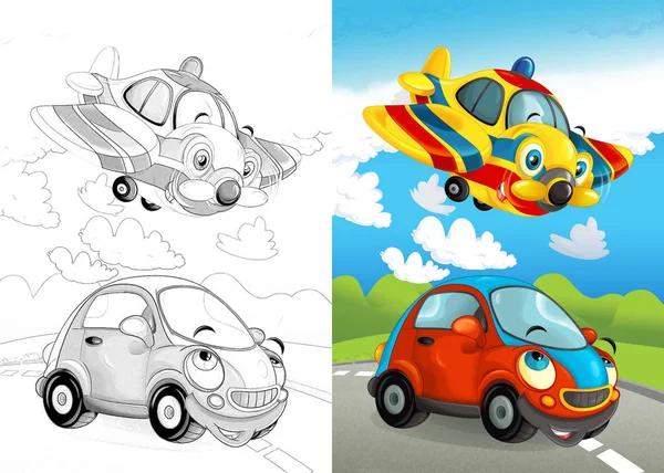 cartoon scene with vehicles on the street - police plane and car - illustration for children