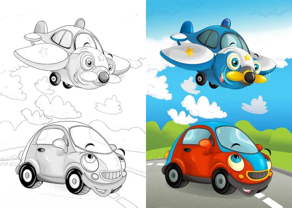 Cartoon Scene Vehicles Street Police Plane Car Illustration Children — Stock Photo, Image