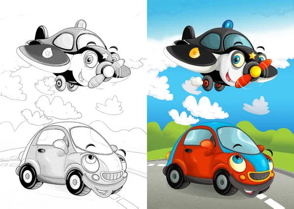 cartoon scene with vehicles on the street - police plane and car - illustration for children