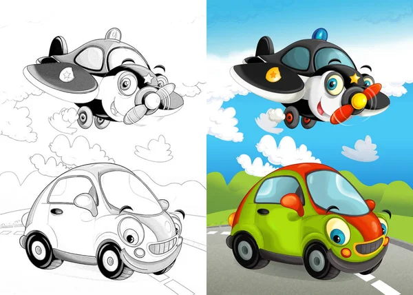 Scena Kreskówki Pojazdami Ulicy Samolot Policji Samochód Ilustracja Dla Dzieci — Zdjęcie stockowe