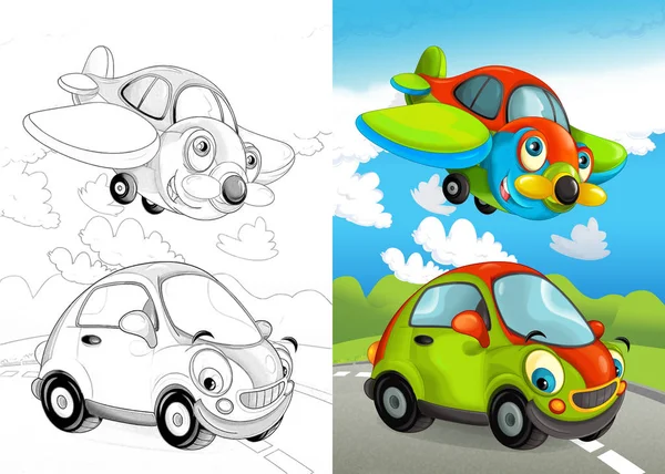 Cena Dos Desenhos Animados Com Veículos Rua Avião Polícia Carro — Fotografia de Stock
