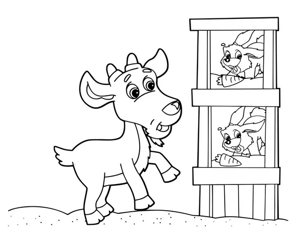 白い背景にニンジンを食べるヤギやウサギと漫画のシーン ベクトル着色ページ 子供のためのイラスト — ストックベクタ