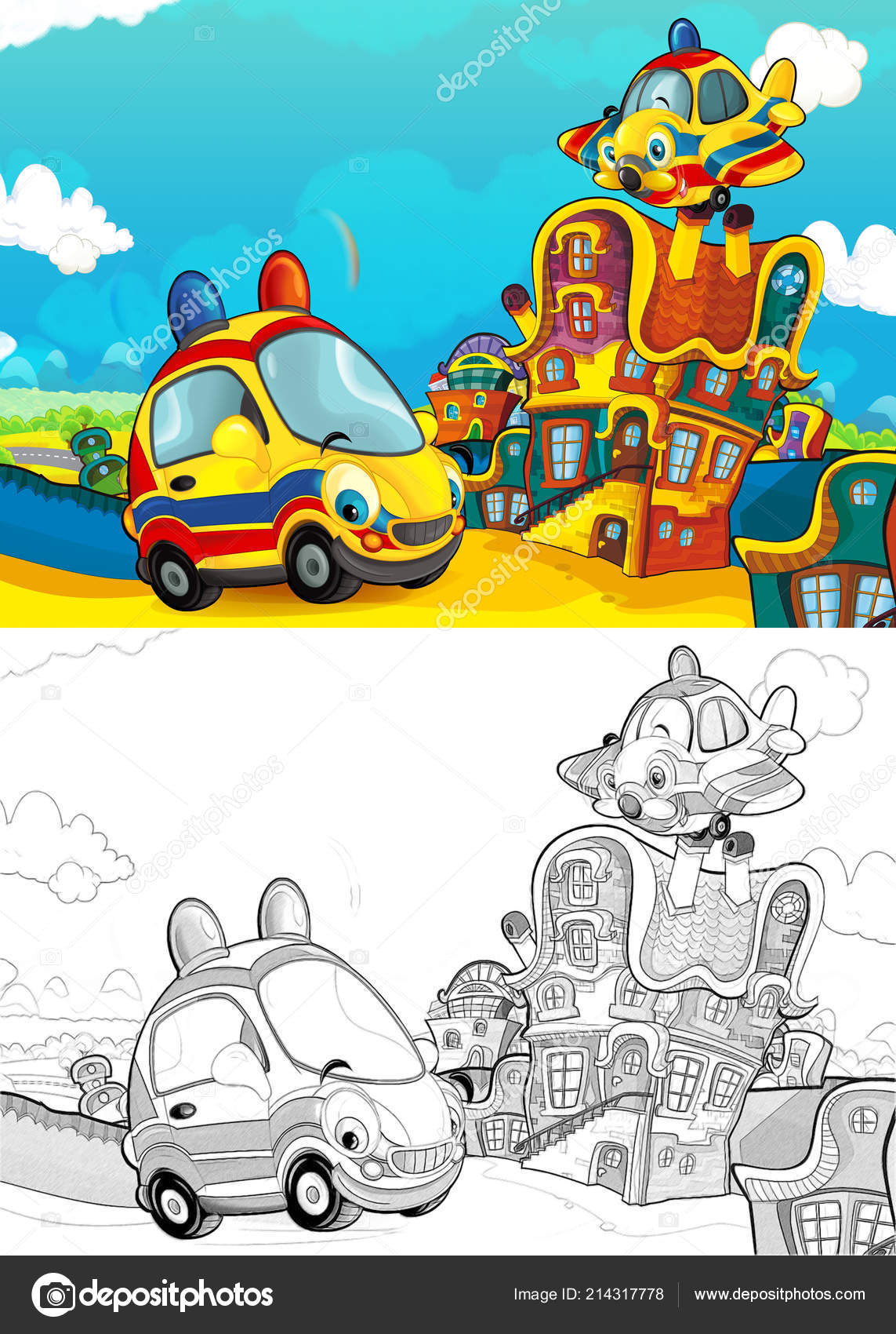 Cartoon Ambulance Car Smiling Looking Parking Lot Plane Flying Illustration  Stock Photo by ©illustrator_hft 214317778