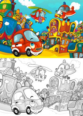 Cartoon fire brigade car smiling and looking in the parking lot / helicopter plane flying over - illustration for children clipart