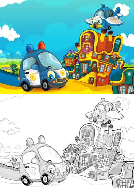 Cartoon police car smiling and looking in the parking lot / plane and helicopter flying over - illustration for children
