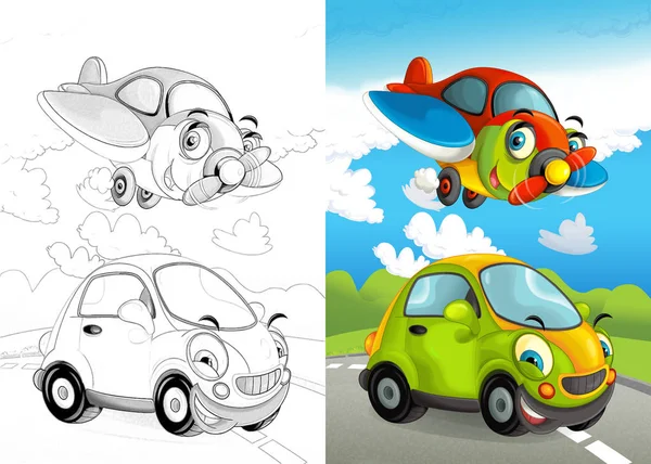 都市の車や飛行機で異なる車と漫画のシーン 芸術的な着色ページと 子供のためのイラスト — ストック写真