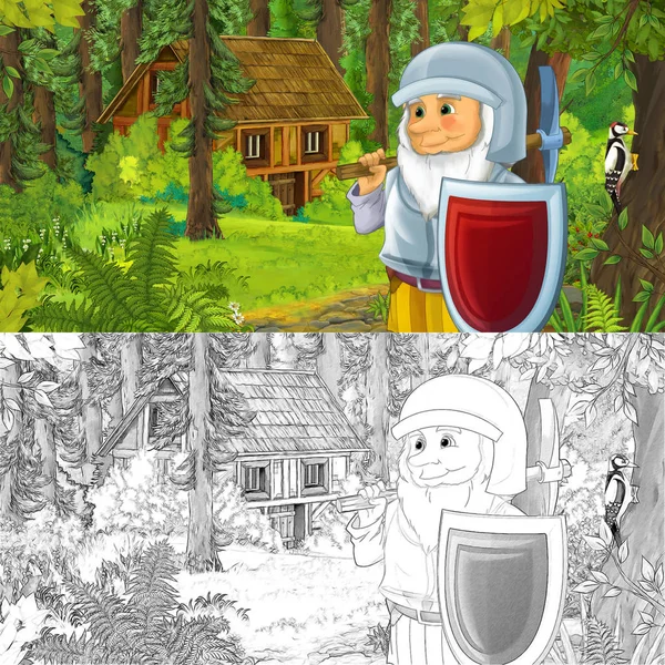 Cartoon Scene Happy Dwarf Forest Wooden House Artistic Coloring Page — Stock Photo, Image