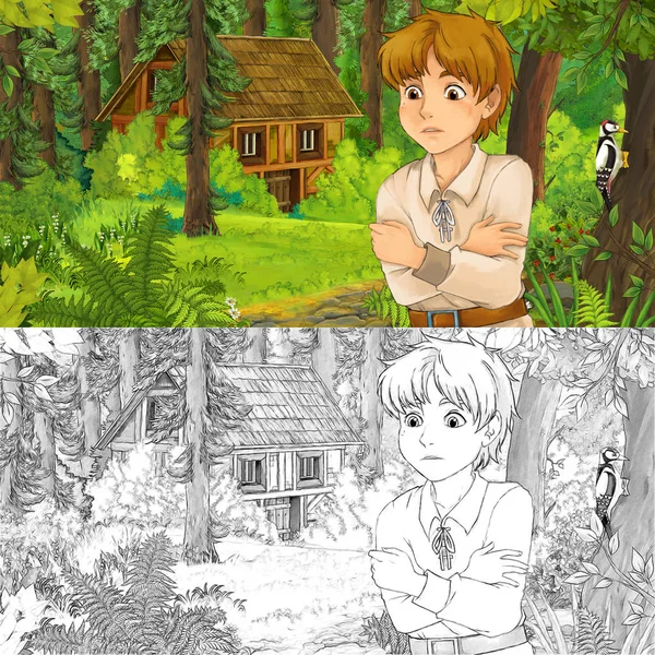 Escena Dibujos Animados Con Niño Viajando Encontrando Casa Madera Escondida — Foto de Stock