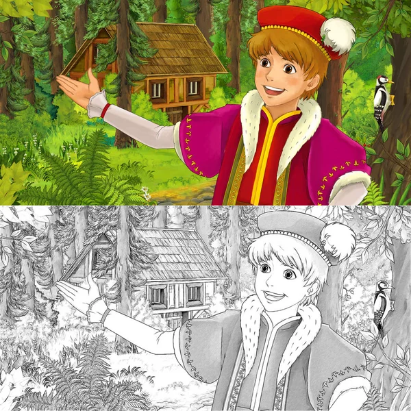 卡通场景与年轻的王子旅行和遇到隐藏的木结构房子在森林 与艺术性的着色页 例证为孩子 — 图库照片