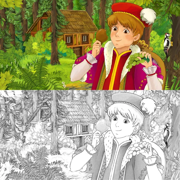 卡通场景与年轻的王子旅行和遇到隐藏的木结构房子在森林 与艺术性的着色页 例证为孩子 — 图库照片