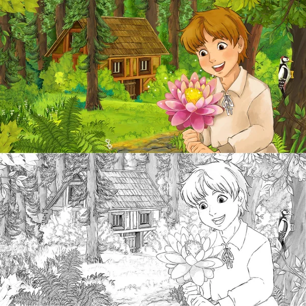 cartoon scene with young boy traveling and encountering hidden wooden house in the forest - with artistic coloring page - illustration for children