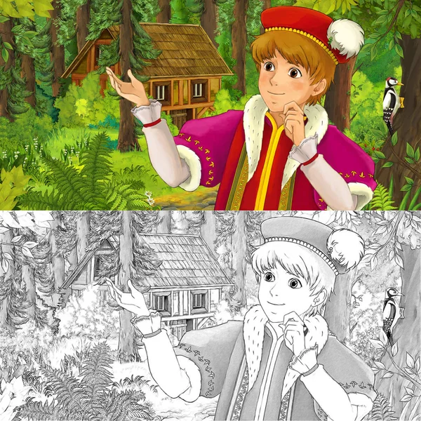 Kreslený Scény Mladý Princ Cestuje Setkání Skryté Dřevěném Domku Lese — Stock fotografie