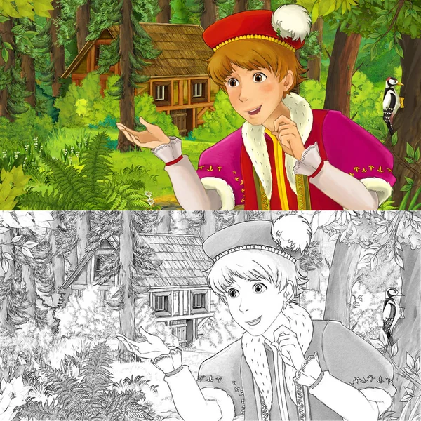子供の森 芸術的な着色のページ イラストで隠された木造住宅を防いで若い王子の漫画シーン — ストック写真