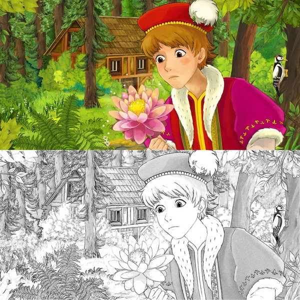 cartoon scene with young prince traveling and encountering hidden wooden house in the forest - with artistic coloring page - illustration for children