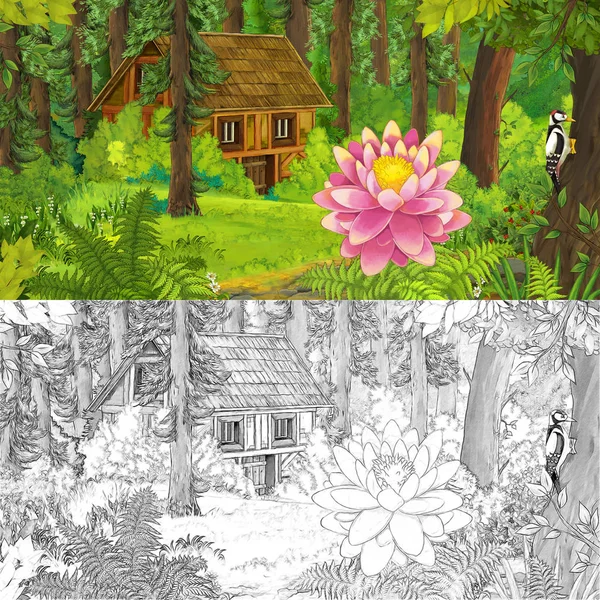 Kreslená Scéna Krásnou Květinou Lese Nedaleko Nějakého Skrytého Dřevěného Domu — Stock fotografie