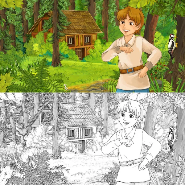 Kreslený Scény Mladým Chlapcem Cestách Setkání Skryté Dřevěném Domku Lese — Stock fotografie