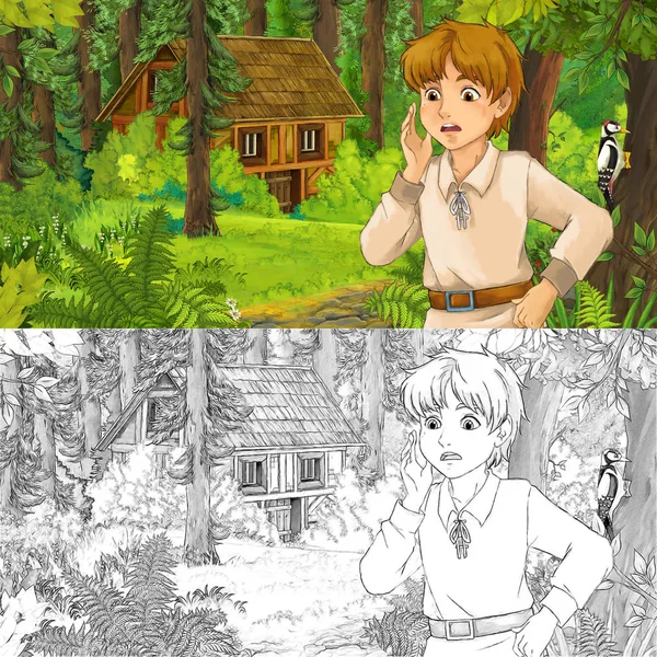 卡通场景与小男孩旅行和遇到隐藏的木结构房子在森林 与艺术性的着色页 例证为孩子 — 图库照片