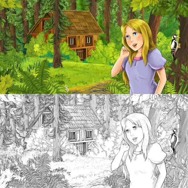 Cartoon Scen Med Ung Flicka Prinsessa Skogen Nära Dolda Trähus — Stockfoto