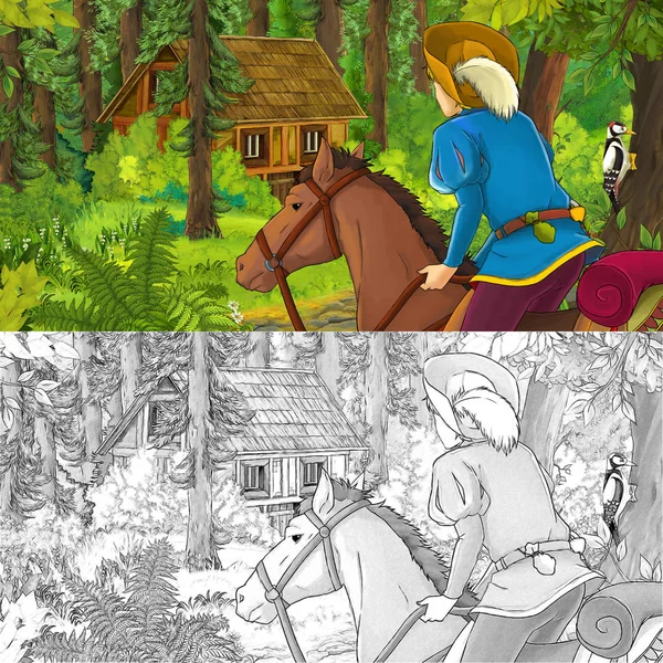 子供の森 芸術的な着色のページ イラストで隠された木造住宅を防いで若い王子の漫画シーン — ストック写真