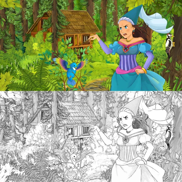 卡通场景与快乐的年轻女孩在森林中遇到隐藏的木屋 与艺术着色页 插图为儿童 — 图库照片